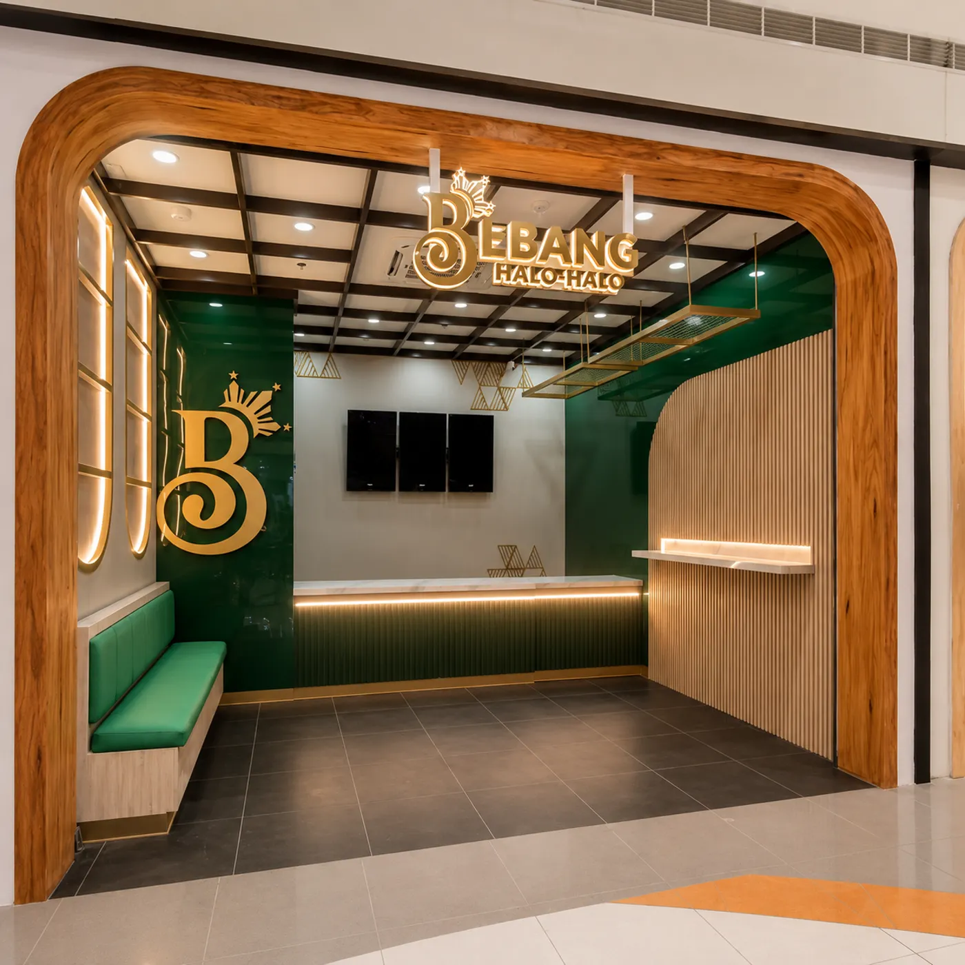 Bebang Halo-Halo store interior with brass signage and wooden slat walls